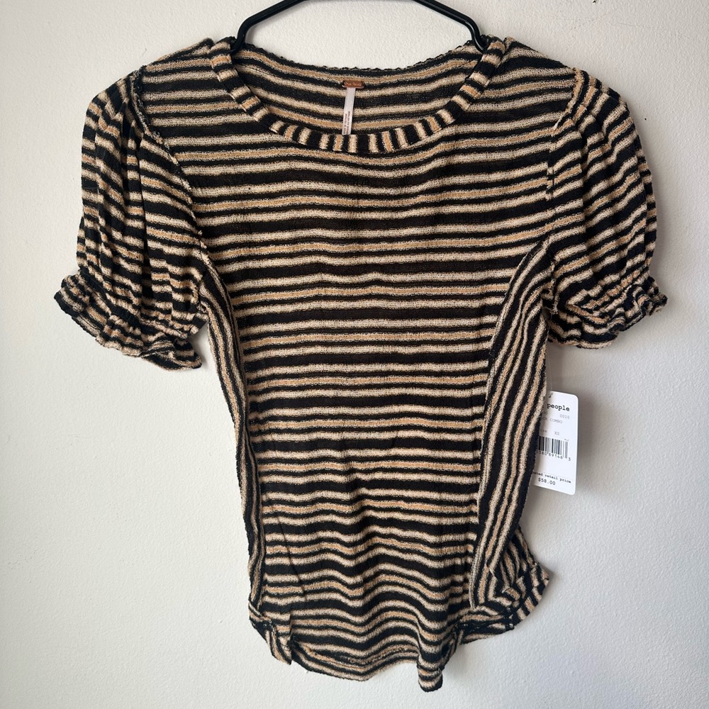 Free People Striped Black and Yellow/Tan Women's Princess Sleeve Top